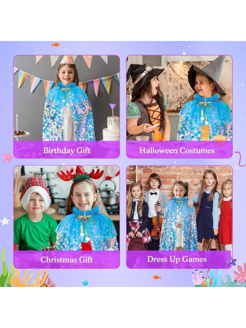 Mermaid Princess Dress Up Cape with Crown Costume Set for Girls Ages 3-8- Blue